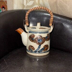 Vintage OMC Floral Ceramic Teapot with Wicker Handle